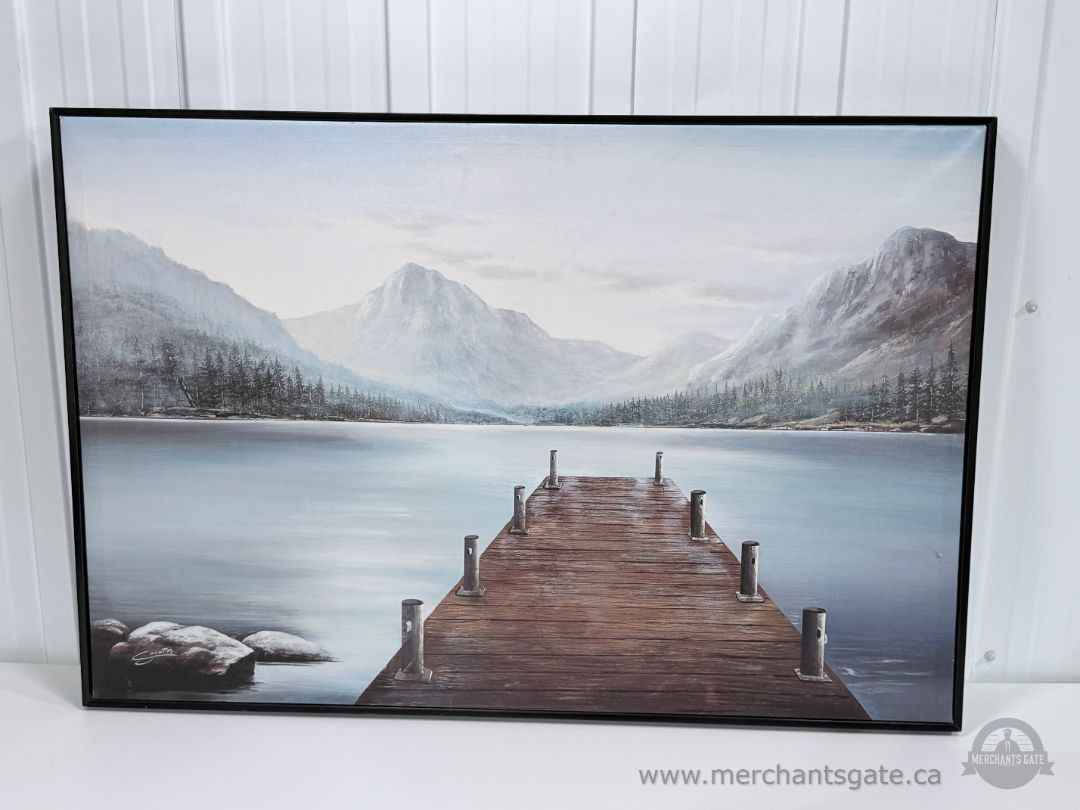 Hossein Socotti Mountain Lake Dock Landscape Canvas Print Framed 37" x 25"