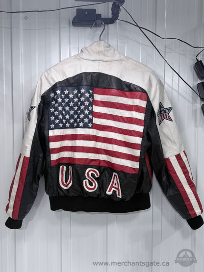Vtg Cosa NOVA 90s American Flag Leather USA Jacket Coat Mens Small Distressed
