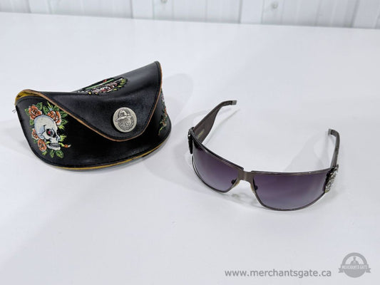 Ed Hardy EHS018 Gunmetal Sunglasses Rhinestone Tattoo Design + Original Case