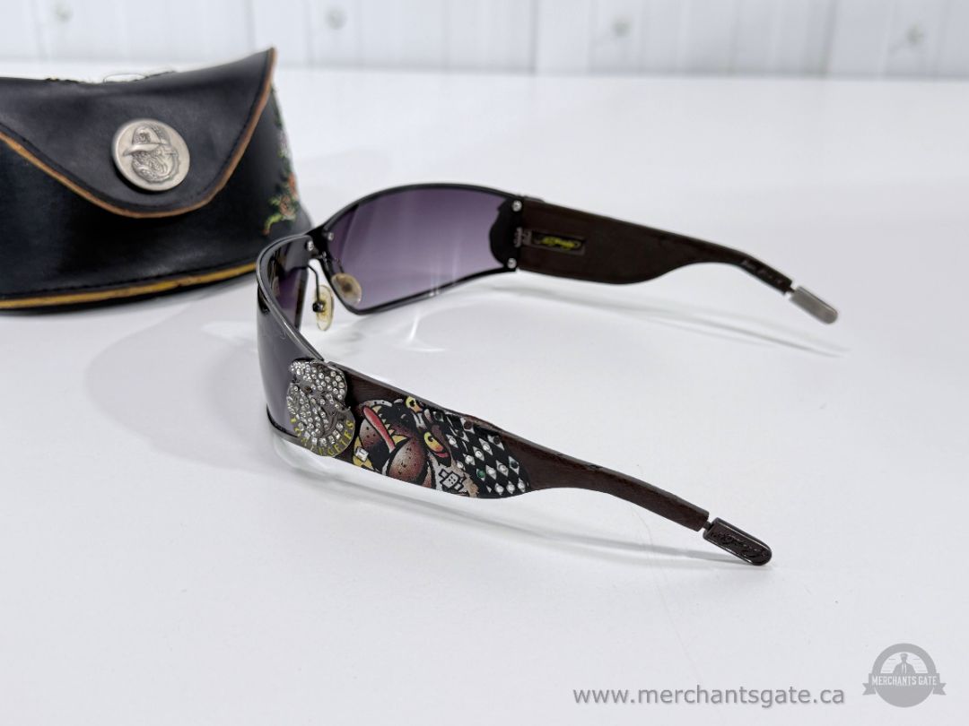Ed Hardy EHS018 Gunmetal Sunglasses Rhinestone Tattoo Design + Original Case