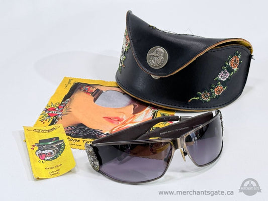 Ed Hardy EHS018 Gunmetal Sunglasses Rhinestone Tattoo Design + Original Case