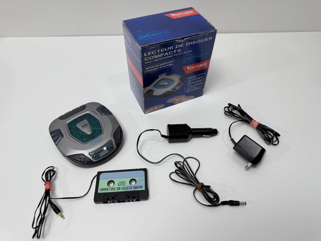 Venturer Portable Car CD Player Set With Box Accessories Cassette Adapter Charger