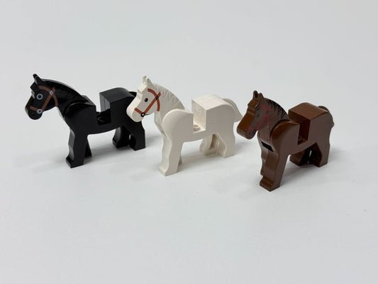 Lego Set of 3 Horse Figures Black White And Brown Vintage Animals For Castle or Farm Play