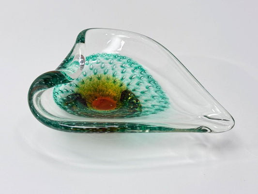Murano Style Art Glass Bowl Controlled Bubbles Green Amber Sunburst Mid Century 1960s