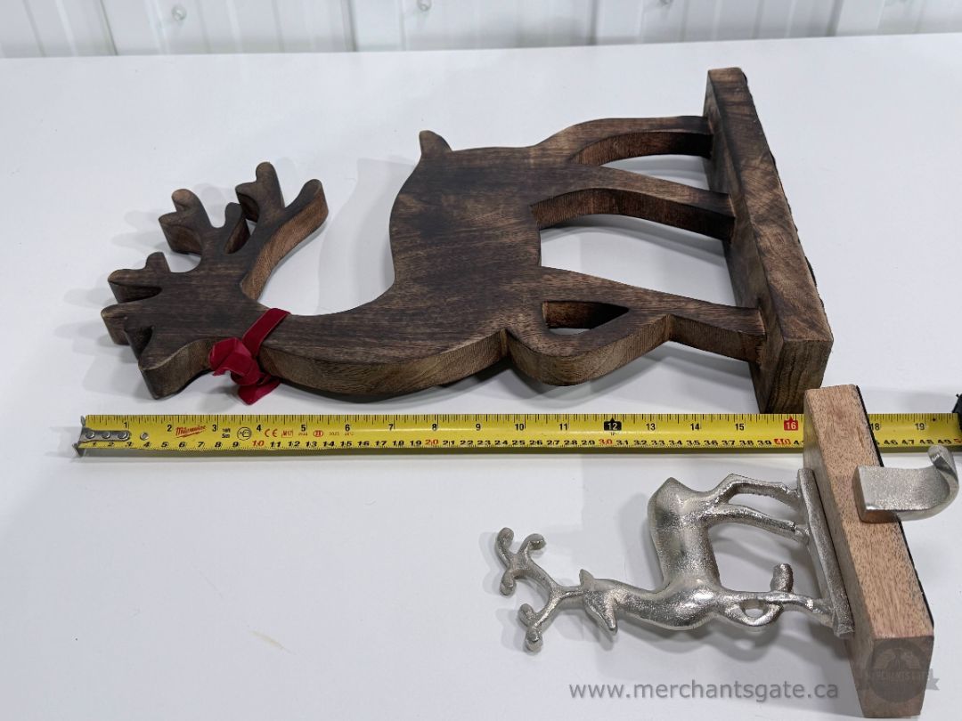 Reindeer Christmas Decor Set Wood Reindeer + Metal Stocking Holder