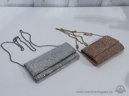 Set of 2 Glam Rhinestone Evening Clutch Purses Silver & Rose Gold