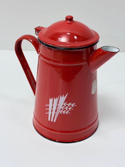 Vintage Red Enamel Coffee Pot With Wheat Graphic Retro Farmhouse Kitchen Decor