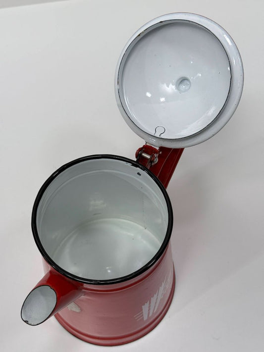 Vintage Red Enamel Coffee Pot With Wheat Graphic Retro Farmhouse Kitchen Decor