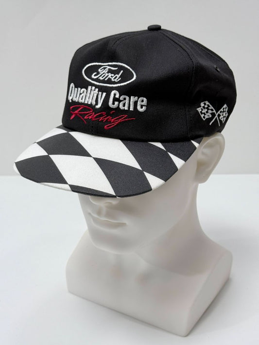 Vintage Ford Quality Care Racing Snapback Hat Black White Checkered Brim Embroidered Logo
