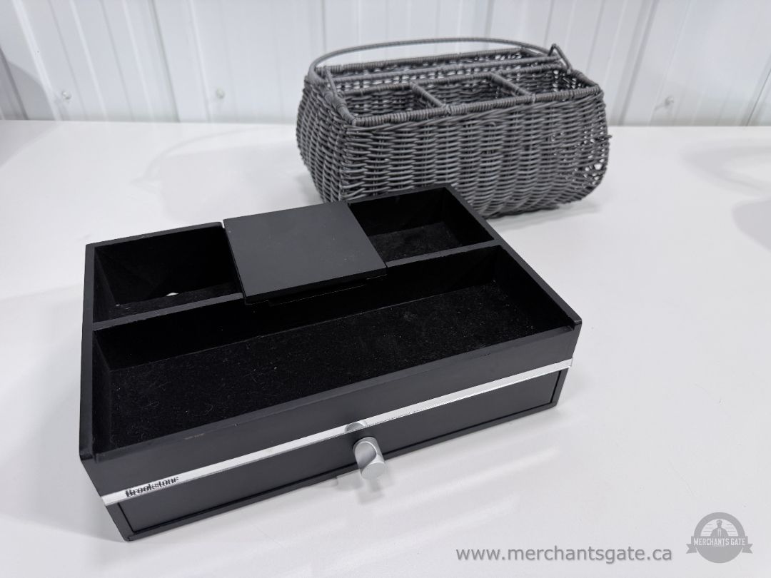 Brookstone Desk Vanity Organizer with Drawer + Grey Woven Storage Caddy Set