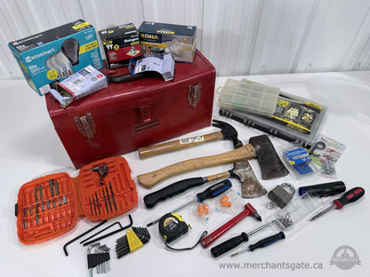 Trademaster Metal Tool Box & Large Mixed Hand Tool Lot Axes Hammers Bits Hardware