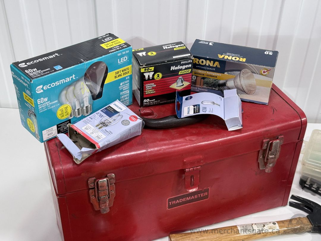 Trademaster Metal Tool Box & Large Mixed Hand Tool Lot Axes Hammers Bits Hardware