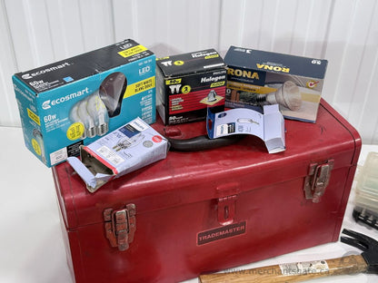 Trademaster Metal Tool Box & Large Mixed Hand Tool Lot Axes Hammers Bits Hardware