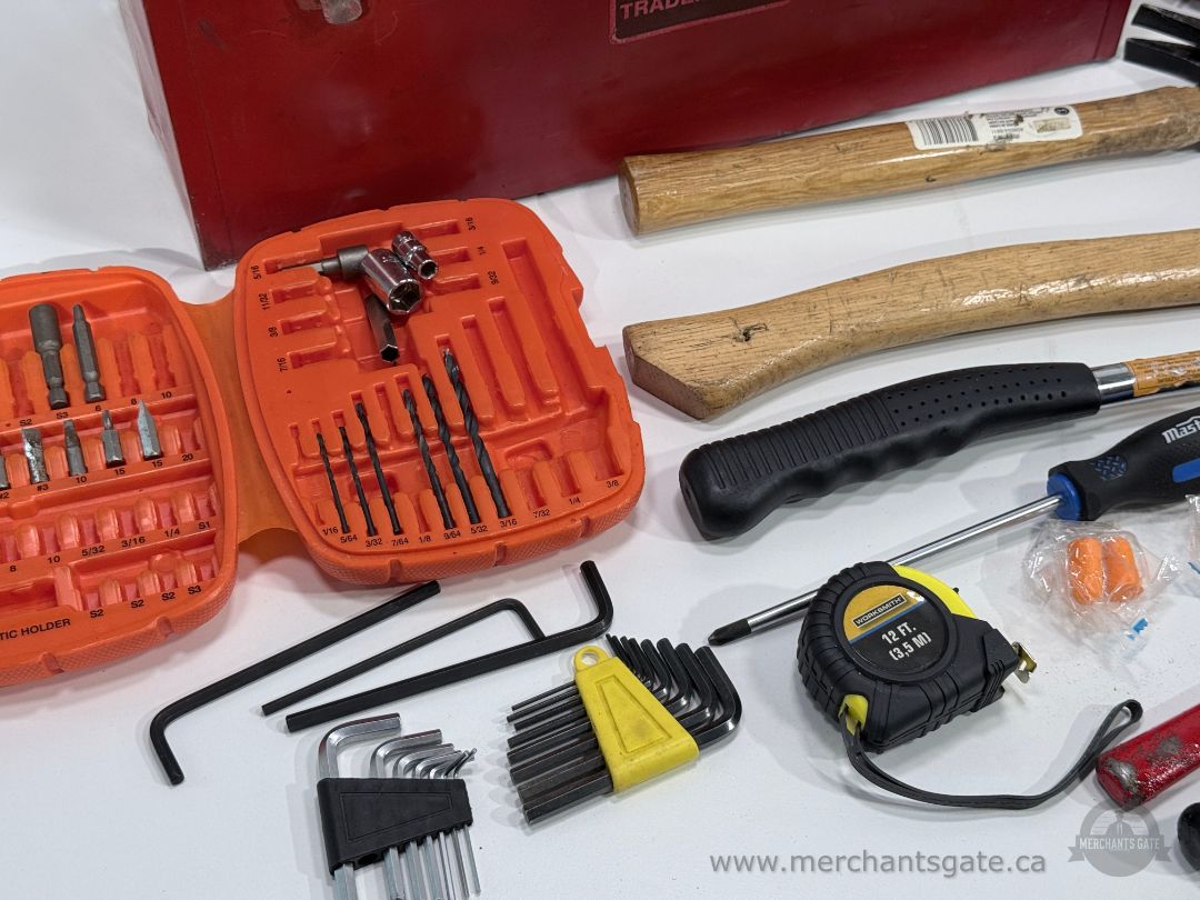 Trademaster Metal Tool Box & Large Mixed Hand Tool Lot Axes Hammers Bits Hardware