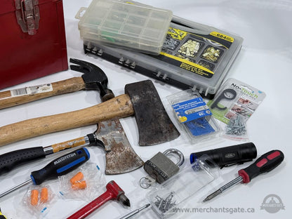 Trademaster Metal Tool Box & Large Mixed Hand Tool Lot Axes Hammers Bits Hardware