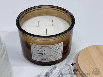 New Foundry Ocean + Moss 3-Wick Candle with Electric Candle Warmer Set