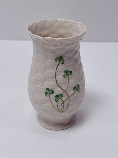 Belleek Ireland Kylemore Vase Shamrock Basketweave Porcelain Vintage
