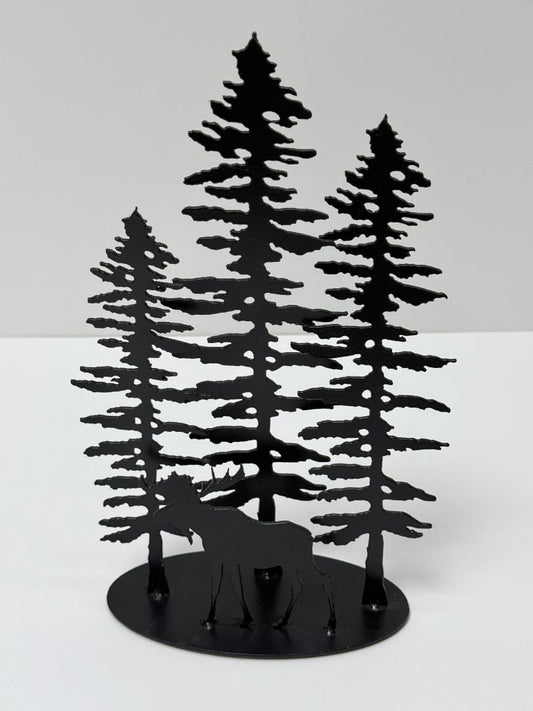 Studio Iron Moose and Pine Tree Silhouette Sculpture Rustic Metal Art 1990s