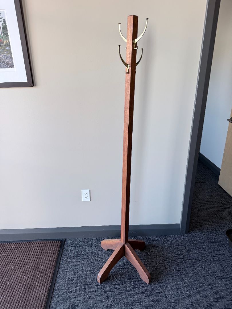 Solid Wood Freestanding Coat Rack with Brass Hooks – Heavy 68" Hall Tree