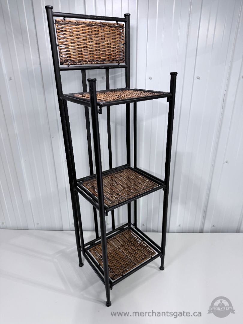 Three-Tier Metal and Woven Wicker Plant Stand Display Shelf – 42¼" Tall