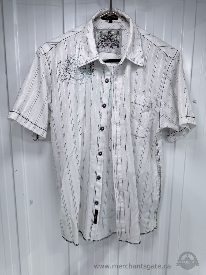 Objekt men’s short-sleeve button-up shirt in white with black and grey vertical stripes.  Features graphic detailing across the front and back, contrasting black stitching, metal-look branded buttons and a chest pocket.  Size Large / 16½ 60% cotton / 40%