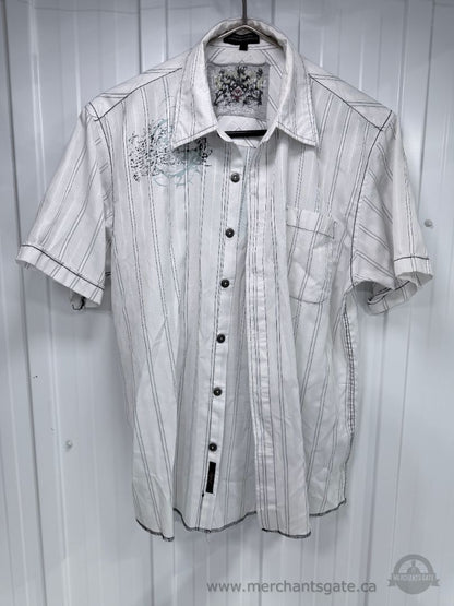 Objekt men’s short-sleeve button-up shirt in white with black and grey vertical stripes.  Features graphic detailing across the front and back, contrasting black stitching, metal-look branded buttons and a chest pocket.  Size Large / 16½ 60% cotton / 40%