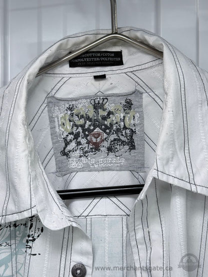 Objekt men’s short-sleeve button-up shirt in white with black and grey vertical stripes.  Features graphic detailing across the front and back, contrasting black stitching, metal-look branded buttons and a chest pocket.  Size Large / 16½ 60% cotton / 40%