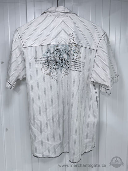 Objekt men’s short-sleeve button-up shirt in white with black and grey vertical stripes.  Features graphic detailing across the front and back, contrasting black stitching, metal-look branded buttons and a chest pocket.  Size Large / 16½ 60% cotton / 40%