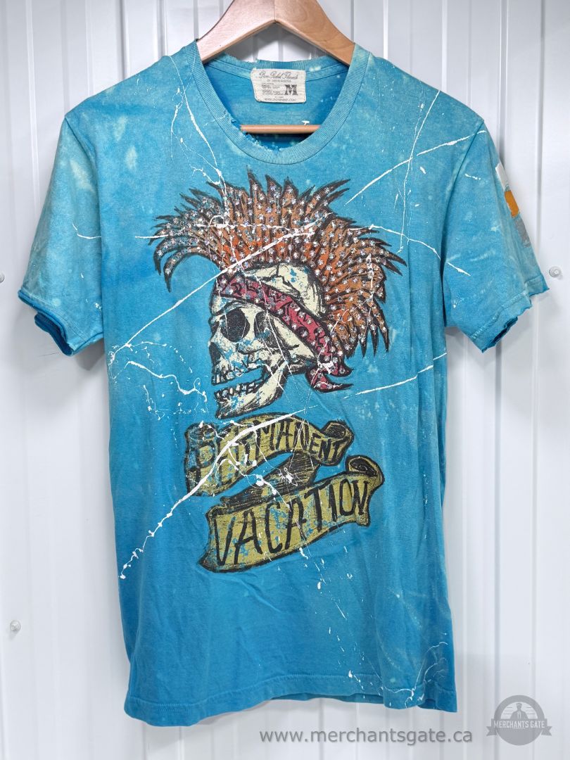 Vintage Dom Rebel by Justin Svatina Art Gallery Rhinestone Mohawk Skull T-Shirt – Men’s Medium
