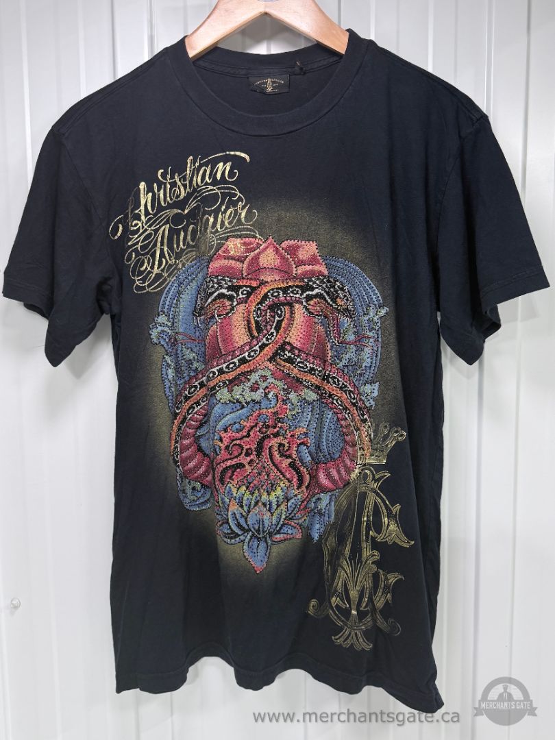 Christian Audigier Los Angeles Y2K Rhinestone Snake Heart Graphic T-Shirt