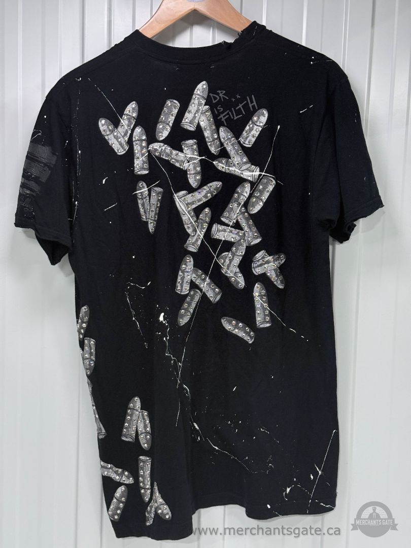 Dom Rebel Bullets Rhinestone Distressed Graphic T-Shirt Black Size Large