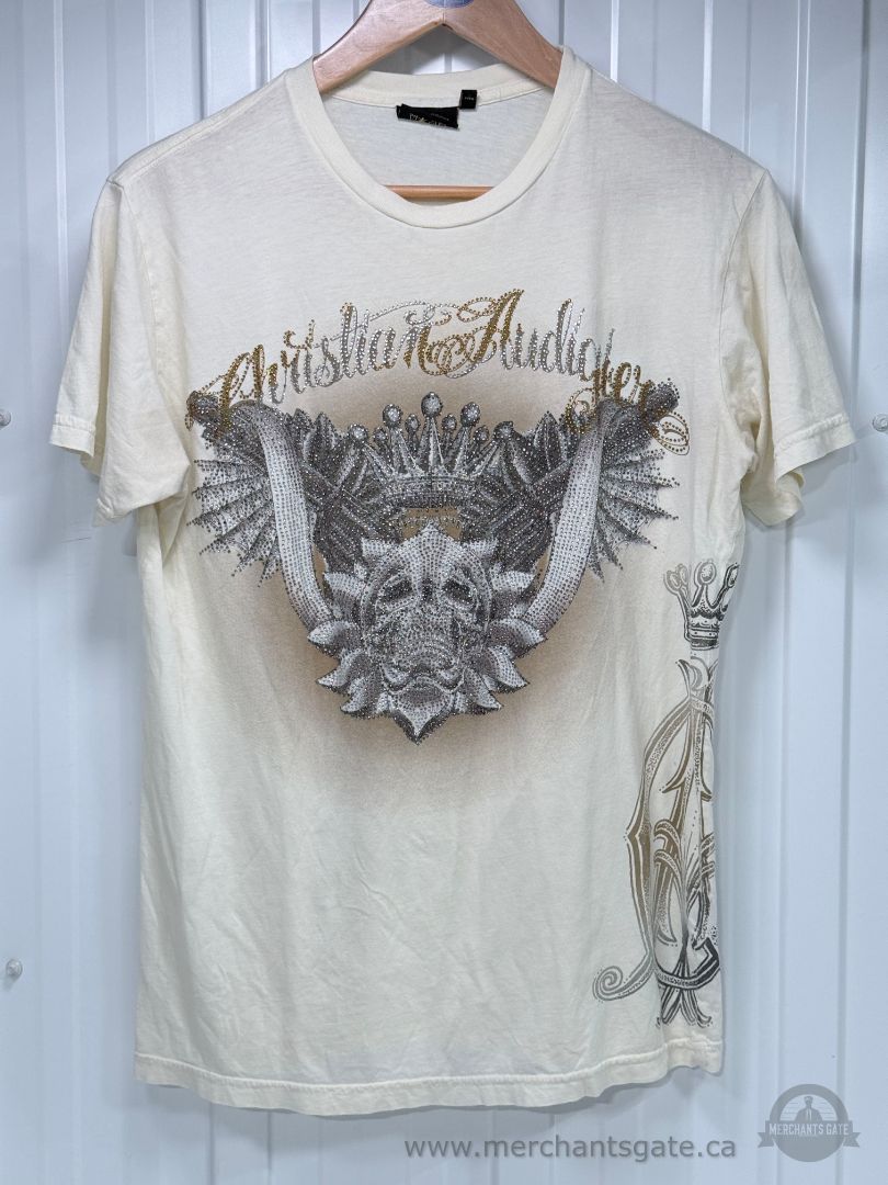 Christian Audigier Platinum Collection Skull & Wings Rhinestone T-Shirt Size Large