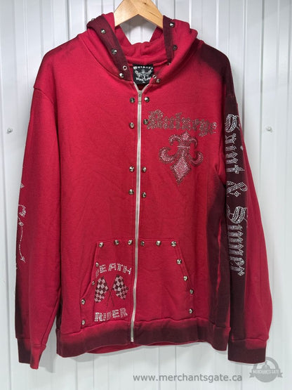Title: Bulzeye Black Label Death Rider Rhinestone Skull Zip Hoodie Men’s XL