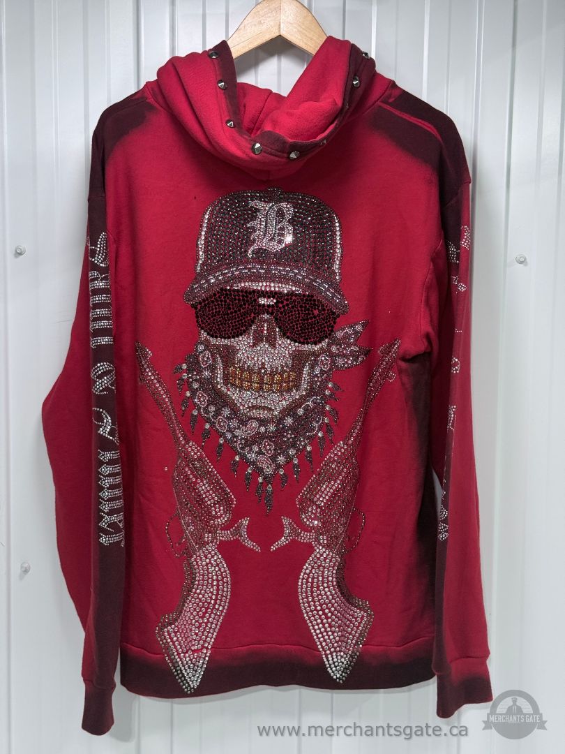 Title: Bulzeye Black Label Death Rider Rhinestone Skull Zip Hoodie Men’s XL