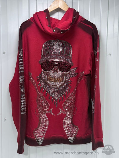 Title: Bulzeye Black Label Death Rider Rhinestone Skull Zip Hoodie Men’s XL