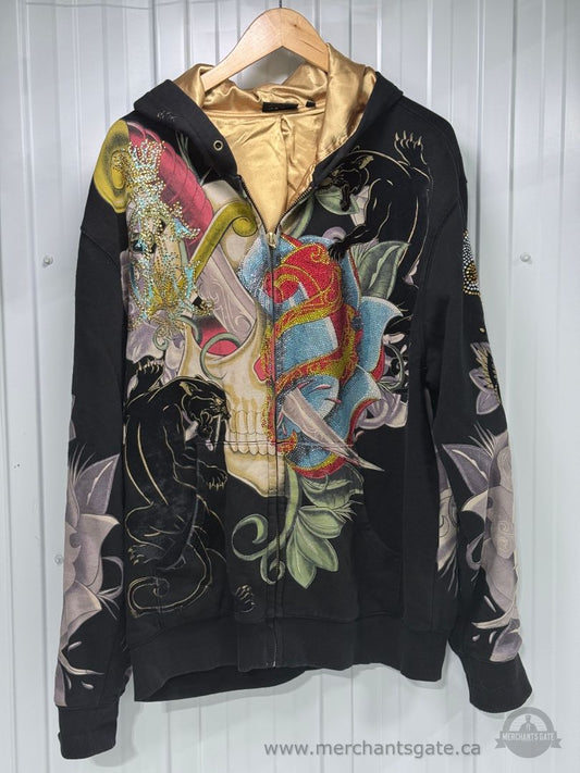 Christian Audigier Black Panther Skull Rhinestone Zip Hoodie Men’s XL Y2K