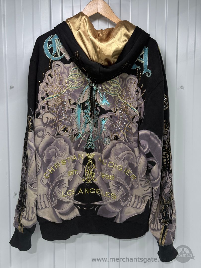 Christian Audigier Black Panther Skull Rhinestone Zip Hoodie Men’s XL Y2K