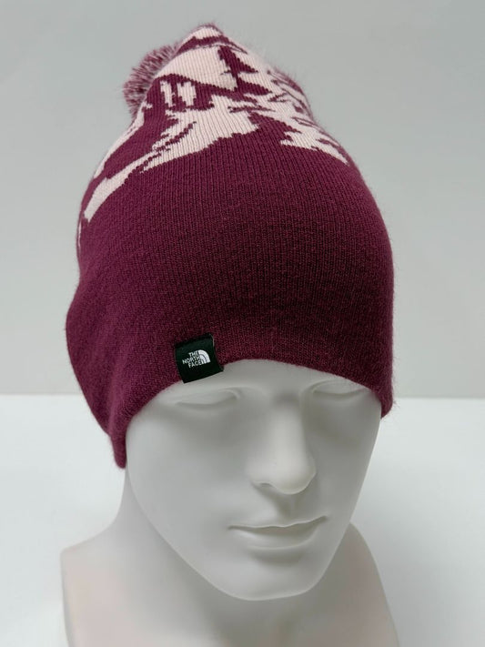 North Face Pom Pom Beanie Winter Hat Burgundy And White Knit Unisex One Size