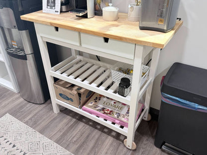 IKEA FÖRHÖJA Kitchen Cart Birch Wood Top White Rolling Island with Drawers & Shelves