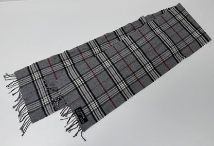 German Made Cashmink Scarf Gray Black Red Plaid Pattern 10 x 60 Inches Mint Condition