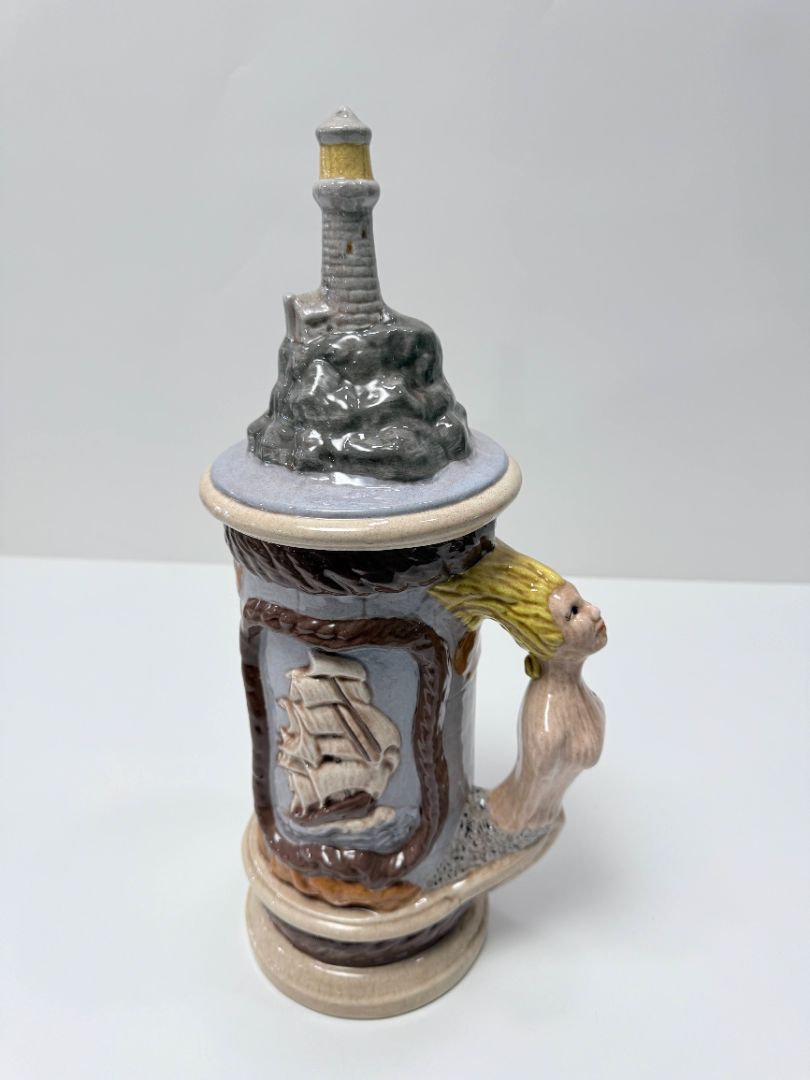 Vintage Ceramic Beer Stein 1978 Lighthouse Lid Mermaid Handle