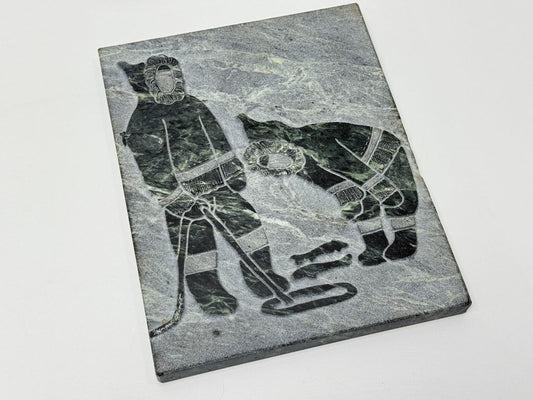 Inuit Soapstone Wall Plaque 1999 Signed Carving Hunters With Dogsled Scene 8 x 10