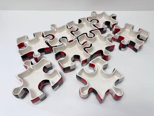 Fisher Home Puzzle Piece Serving Dish Set of 9 Ceramic Hand Painted Trays 8 Inch