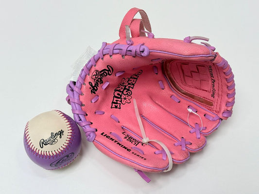 Rawlings Girls Rule Pink Purple Baseball Glove LS115G With Ball Lightning Series