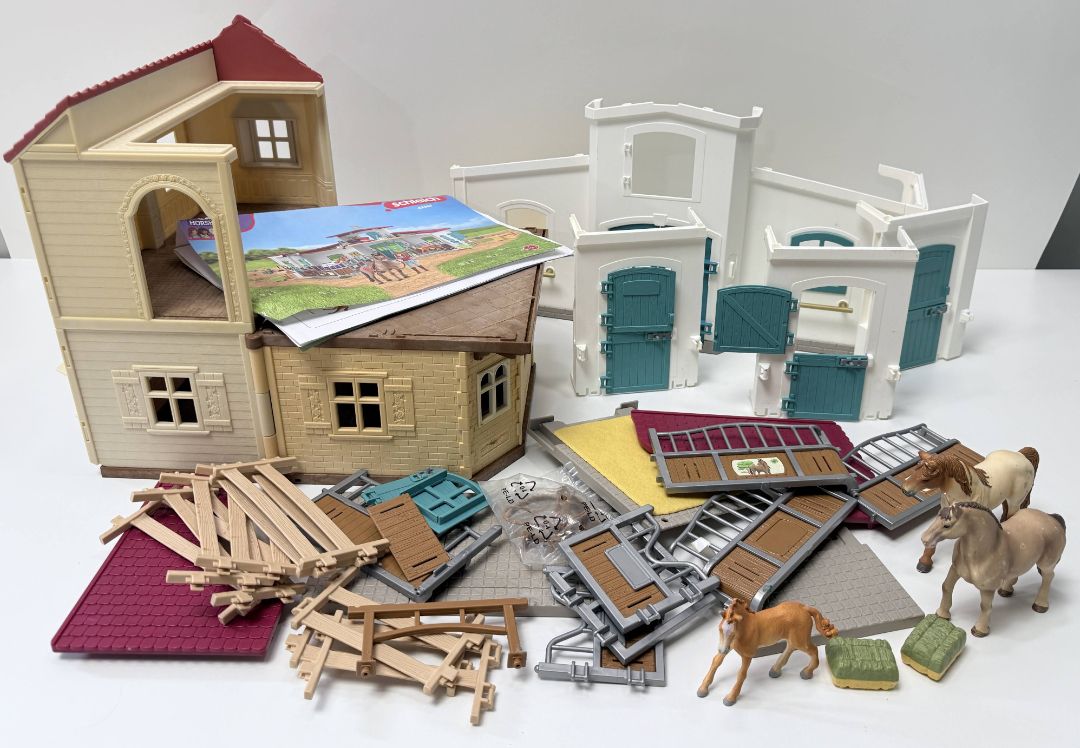 Mixed Dollhouse And Horse Barn Playset Lot With Buildings Furniture Horses Schleich Etc