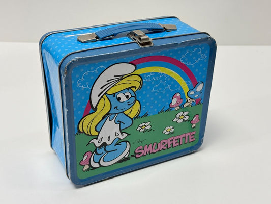 Smurfette Metal Lunch Box Tin Retro Collectible Blue Rainbow Design