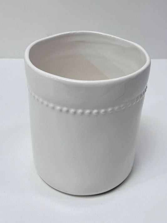 Modern Farmhouse White Ceramic Kitchen Utensil Crock organic Bead Design 8x6 Inch
