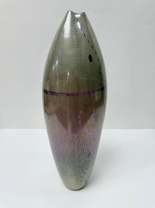 David Thai Hand Blown Iridescent Art Glass Vase With Abstract Purple Dot Design 2000s