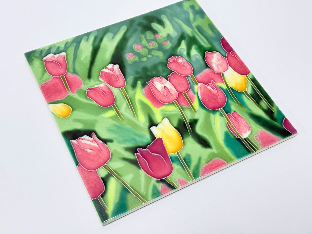 Porcelain Glaze Tulip Wall Art Tile 12 Inch Floral Ceramic Decor Plaque