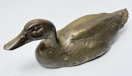 Vintage Solid Brass Duck Sculpture 15 Inch Long Heavy Decorative Bird Figurine